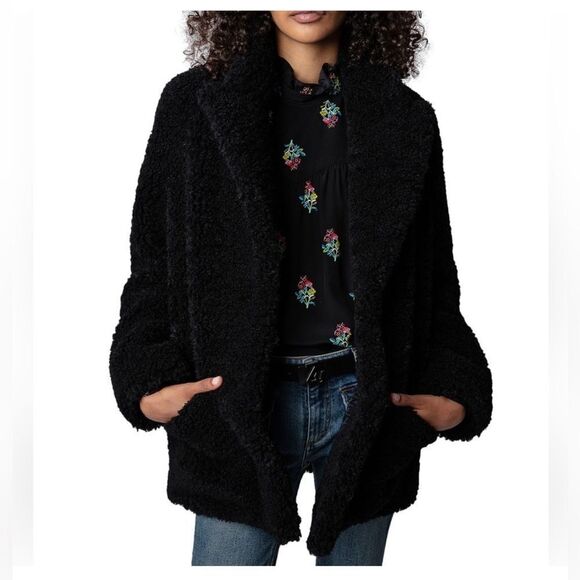 $498 ZADIG &VOLTAIRE WOMEN'S JACKET/ COAT TEDDY SOFT Fleur Soft Black NWT - Picture 1 of 15